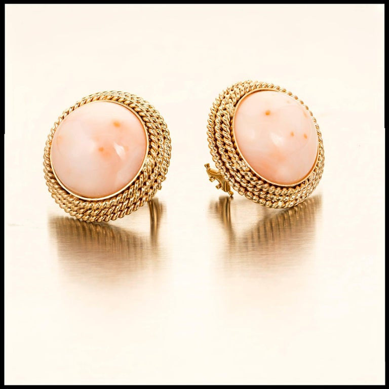 Large Pink Dome Coral Mid Century Yellow Gold Clip Post Earrings – image 5