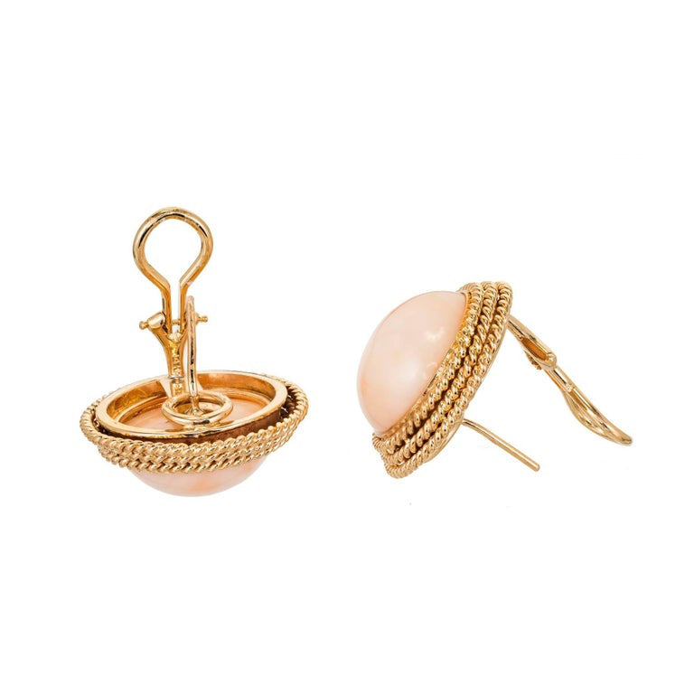 Large Pink Dome Coral Mid Century Yellow Gold Clip Post Earrings – image 3