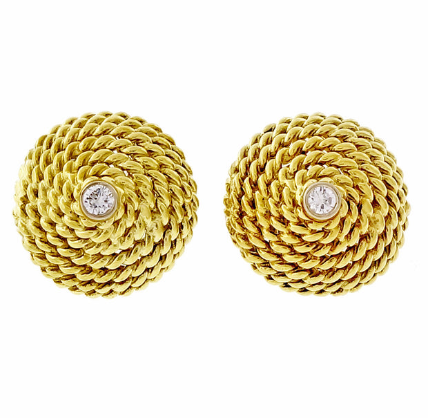 Vintage 1960 Domed Round Twisted Wire 18k Yellow Gold Diamond Earrings