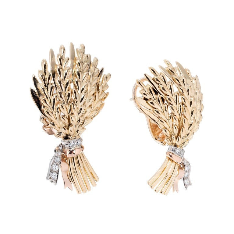 .8 Carat Diamond Tri-Color Gold Wheat Lever Back Post Earrings – image 2