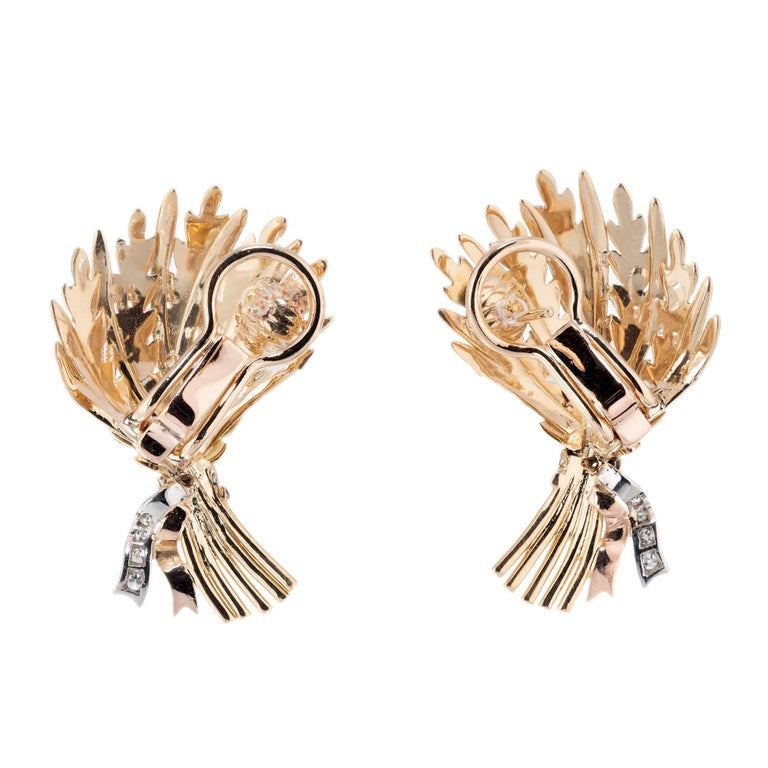 .8 Carat Diamond Tri-Color Gold Wheat Lever Back Post Earrings – image 3