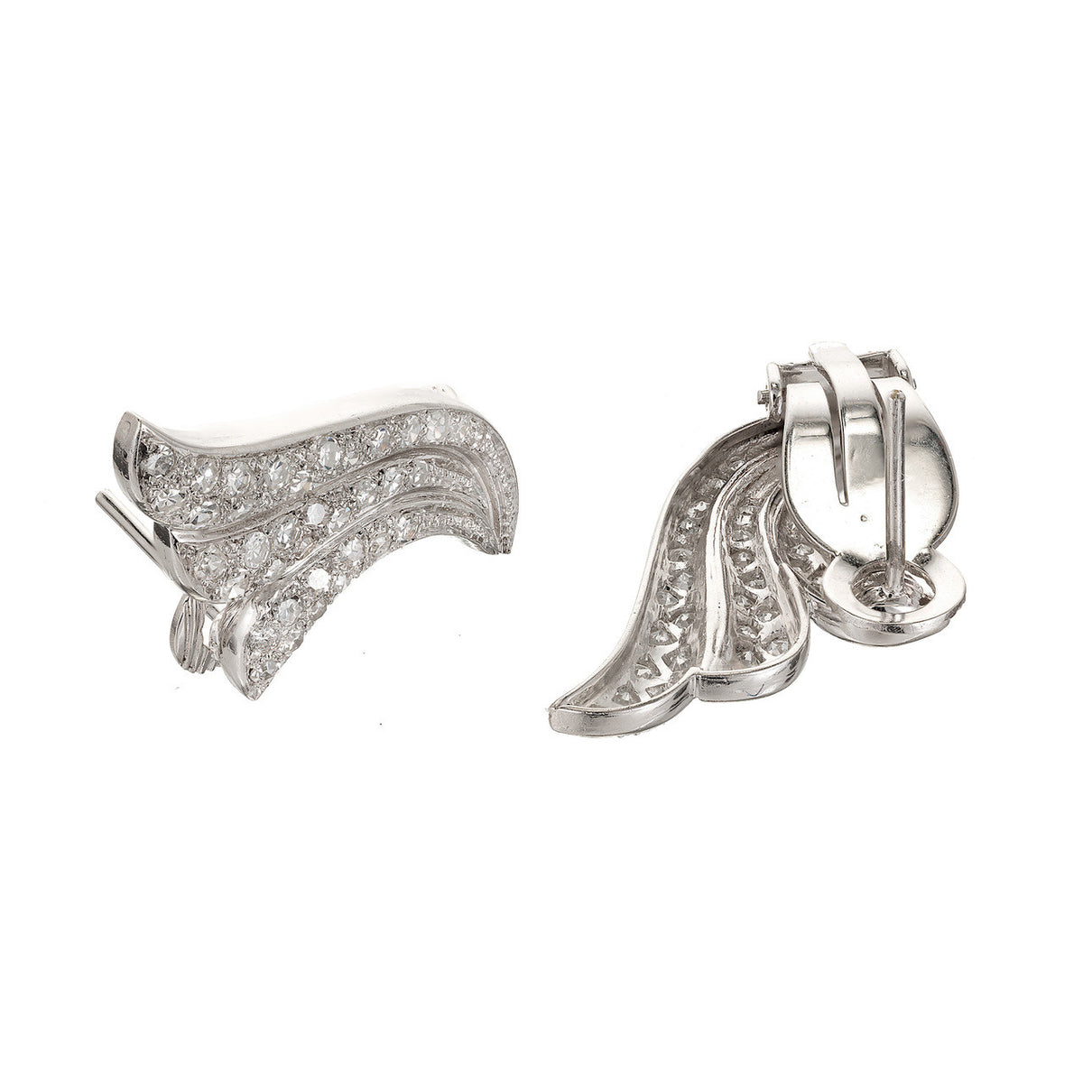 Retro Swirl Pave Diamond Platinum Fan Clip Post Earrings – image 3