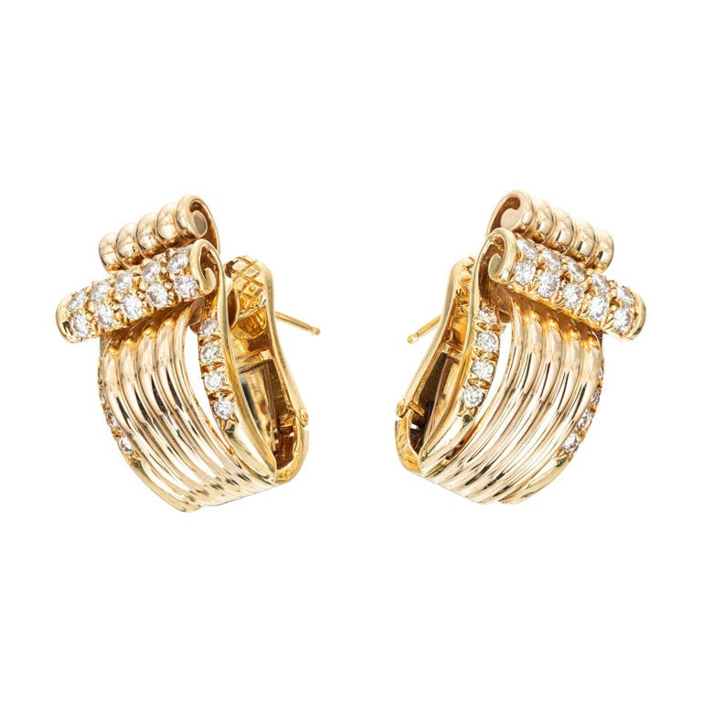 1.33 Carat Diamond Gold Late Art Deco Clip Post Swirl Earrings – image 2