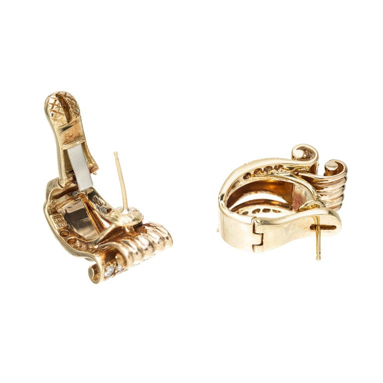 1.33 Carat Diamond Gold Late Art Deco Clip Post Swirl Earrings – image 3