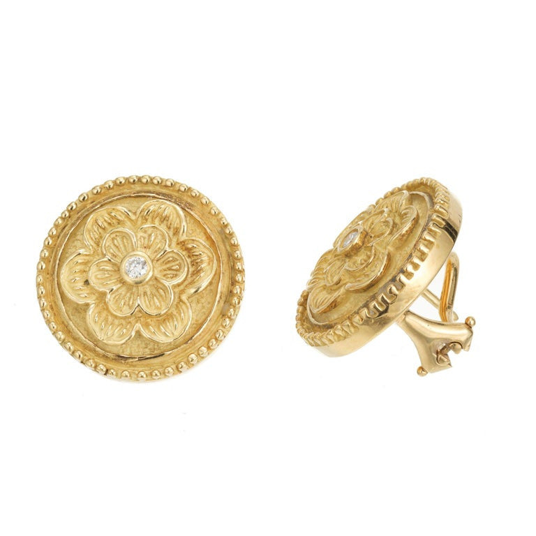 Luro Diamond Green Gold Flower Button Style Earrings – image 3