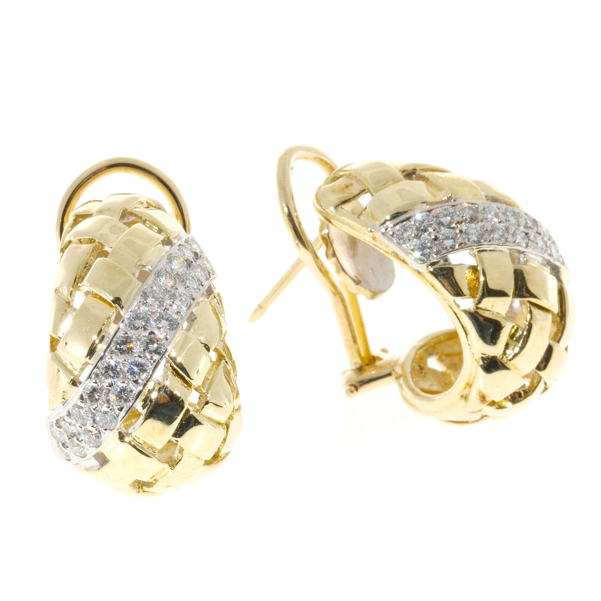 Vintage Estate 1.00CT 18K Yellow White Basket Weave Earrings – image 2