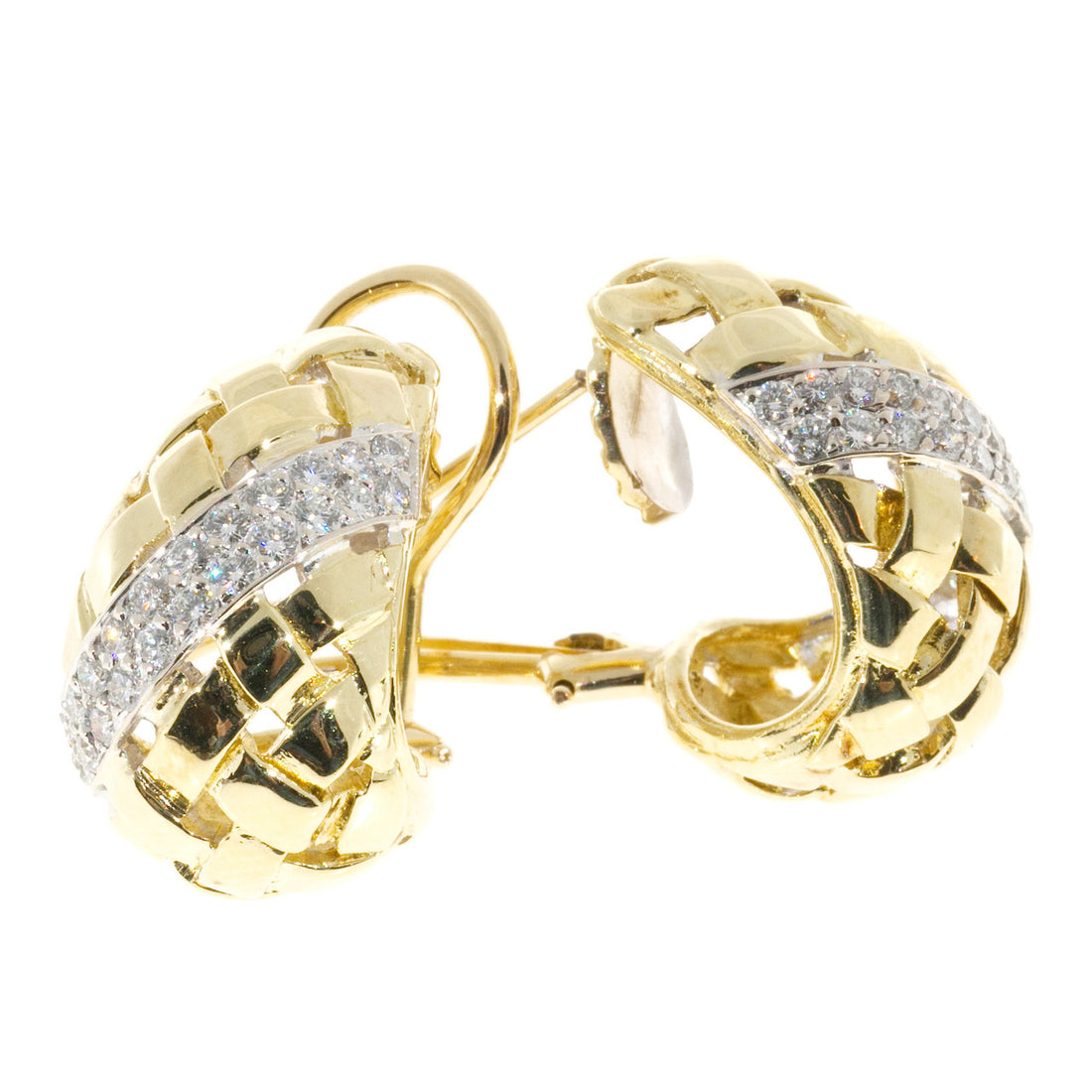 Vintage Estate 1.00CT 18K Yellow White Basket Weave Earrings – image 3