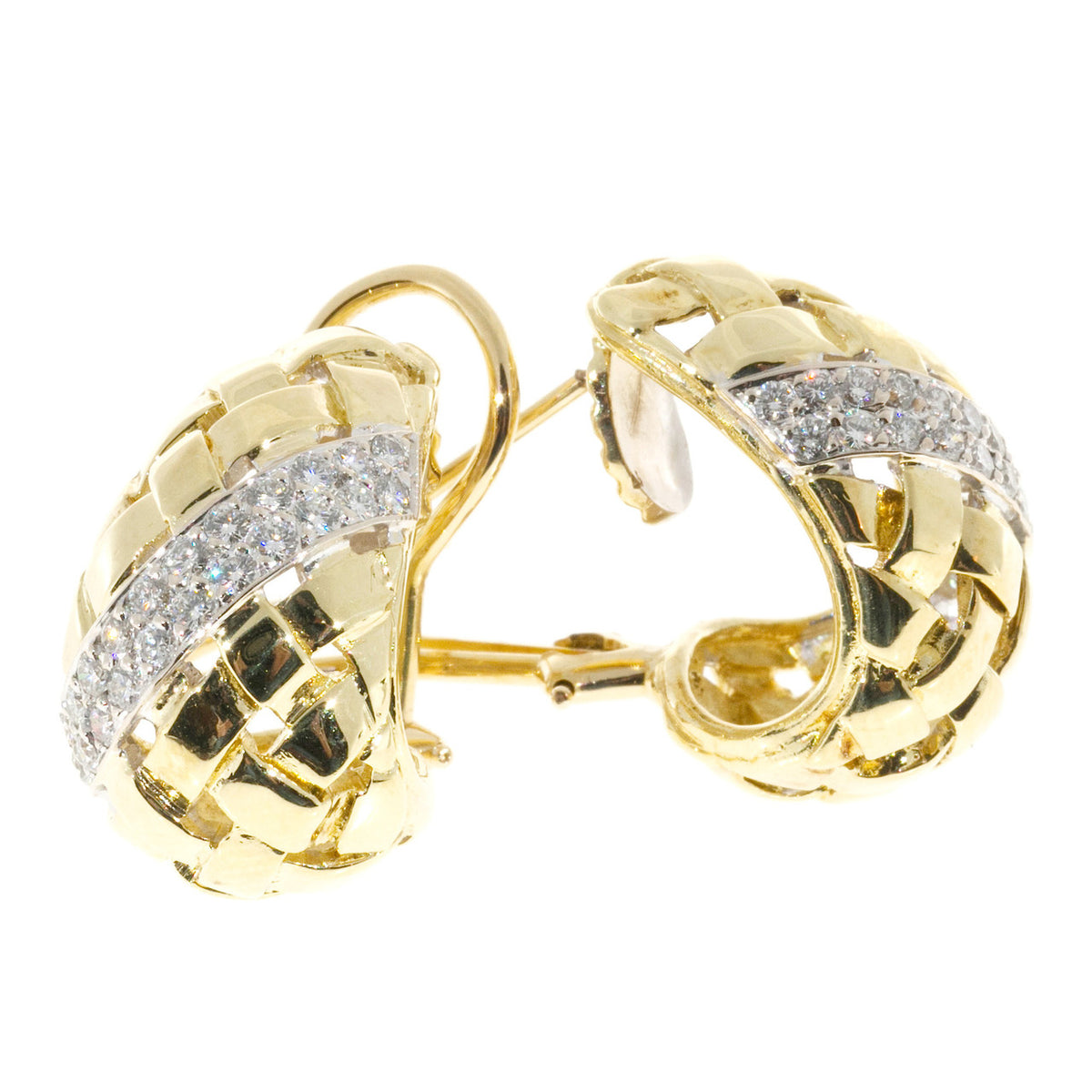 Vintage Estate 1.00CT 18K Yellow White Basket Weave Earrings – image 3
