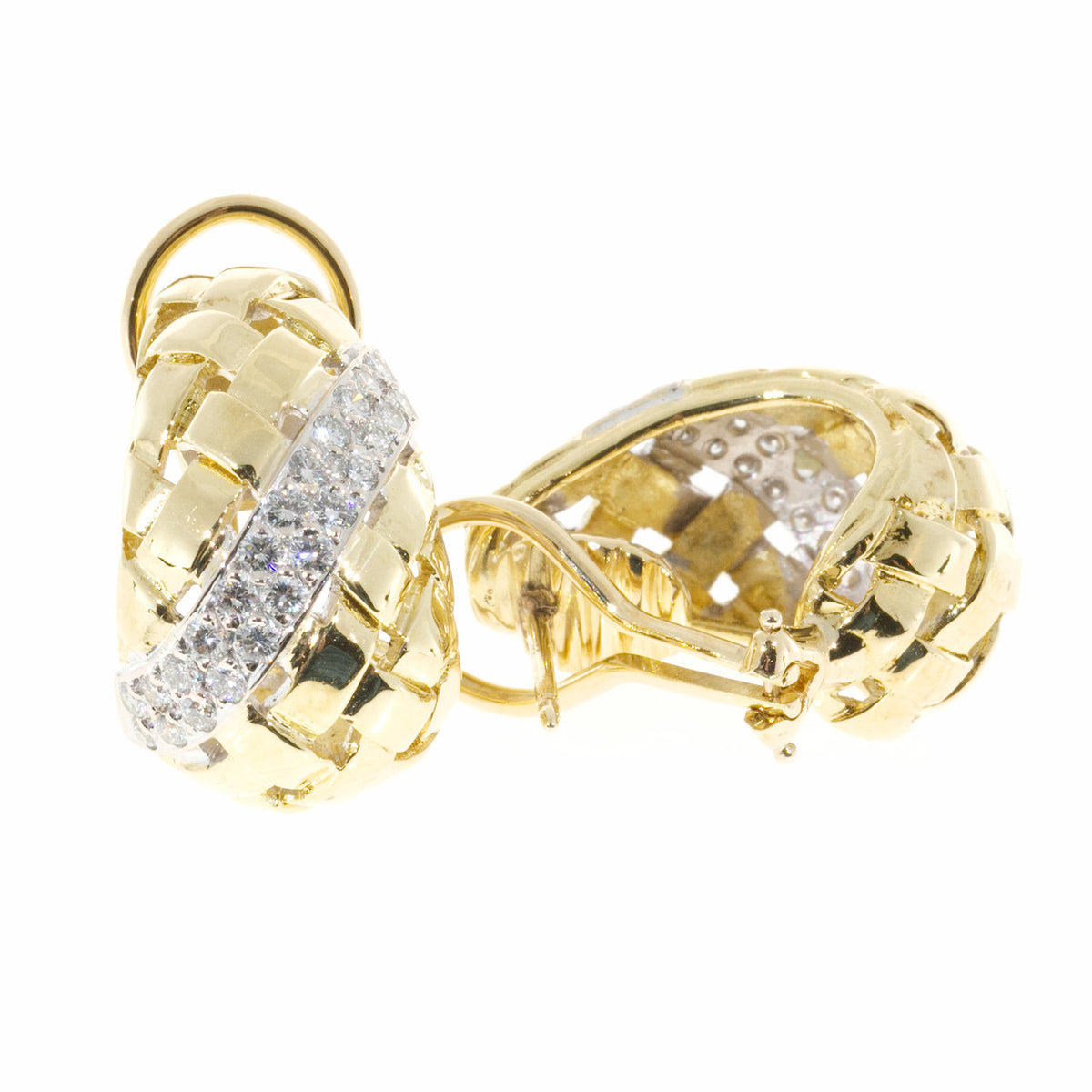 Vintage Estate 1.00CT 18K Yellow White Basket Weave Earrings – image 5