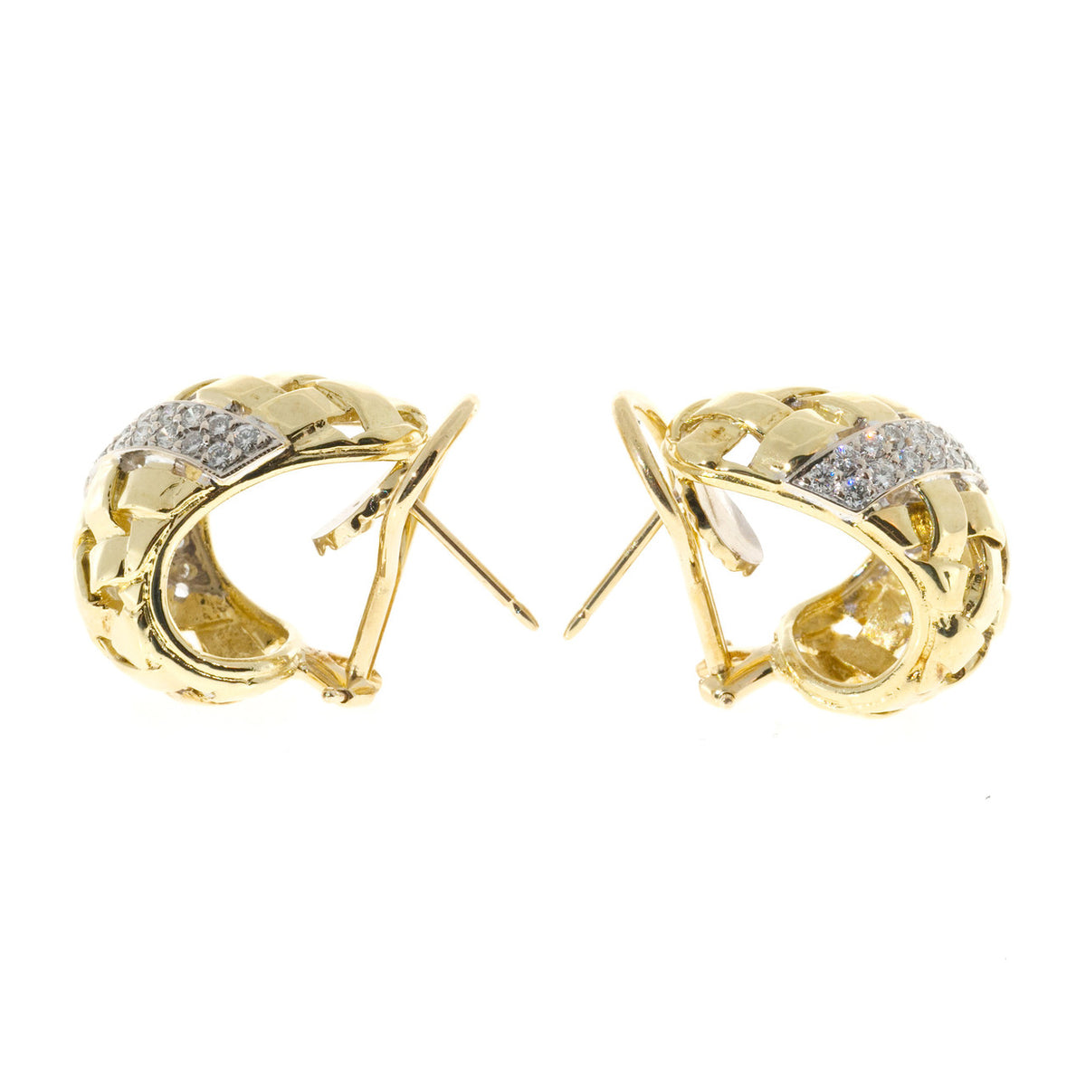 Vintage Estate 1.00CT 18K Yellow White Basket Weave Earrings – image 4