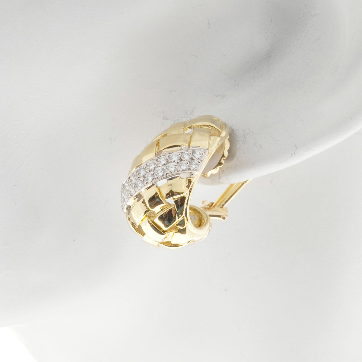 Vintage Estate 1.00CT 18K Yellow White Basket Weave Earrings – image 6