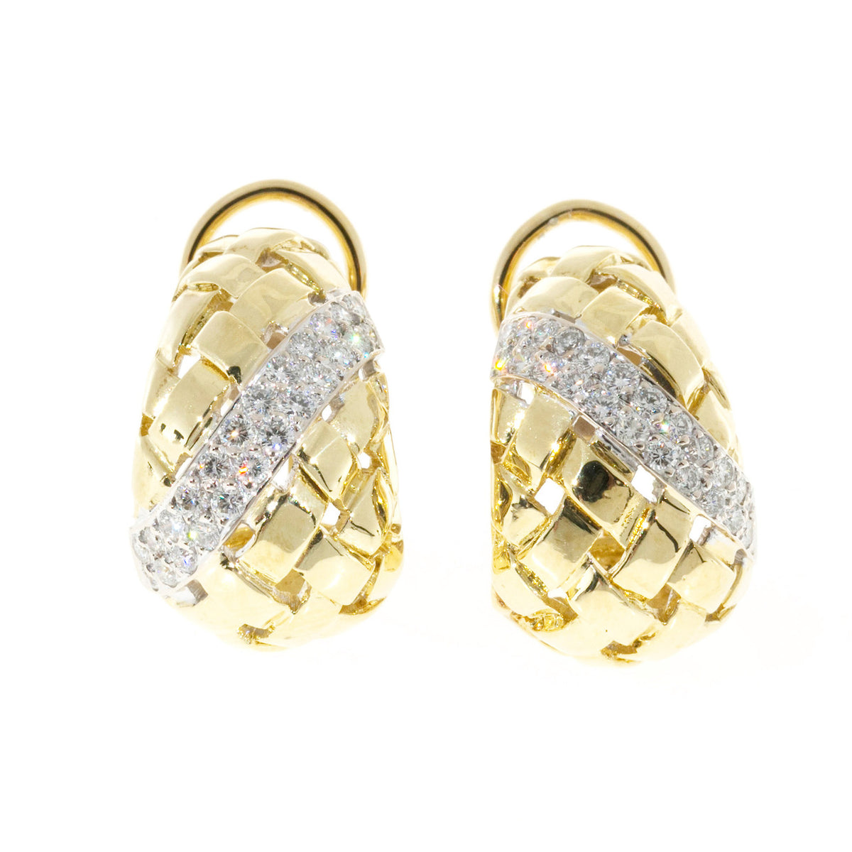 Vintage Estate 1.00CT 18K Yellow White Basket Weave Earrings
