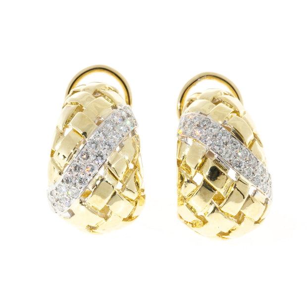 Vintage Estate 1.00CT 18K Yellow White Basket Weave Earrings