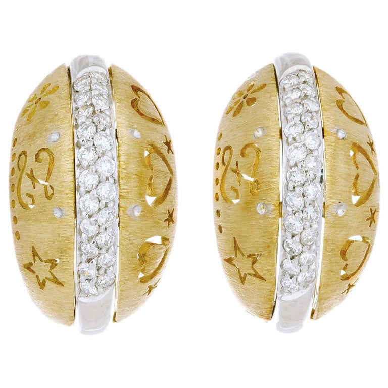 Loccai .28 Carat Diamond Yellow White Gold Domed Clip Post Earrings