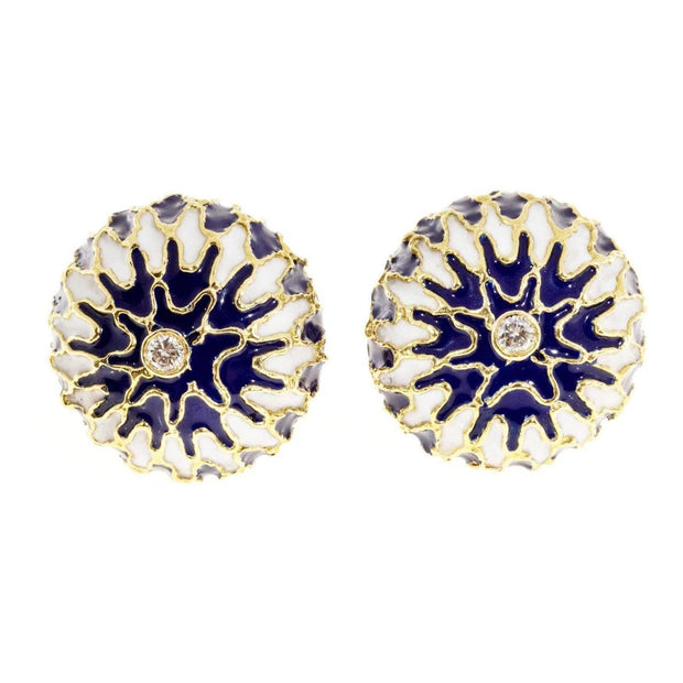 Blue White Enamel Diamond Gold Domed Clip Post Domed Earrings