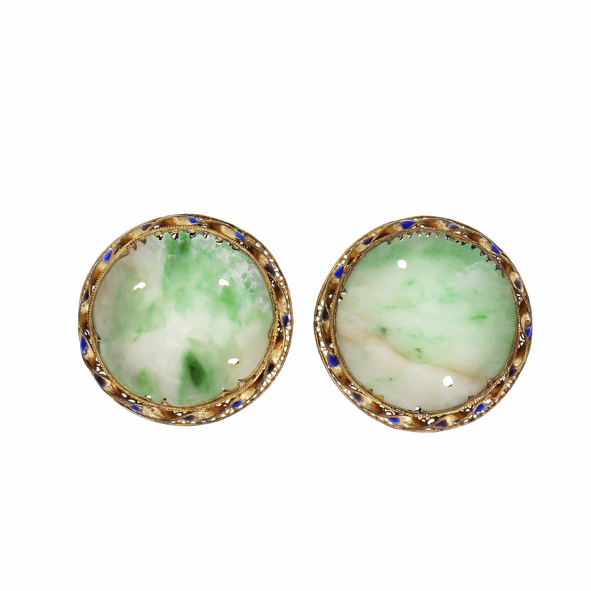 1930 Natural Jadeite Jade Carved Earrings Gold Plate Sterling Silver