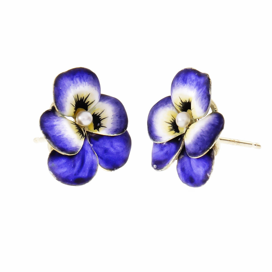 Vintage Pansy Earrings Lavender Enamel Natural Pearl 14k Gold – image 2