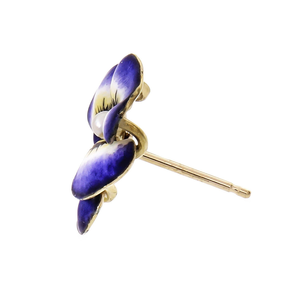 Vintage Pansy Earrings Lavender Enamel Natural Pearl 14k Gold – image 3