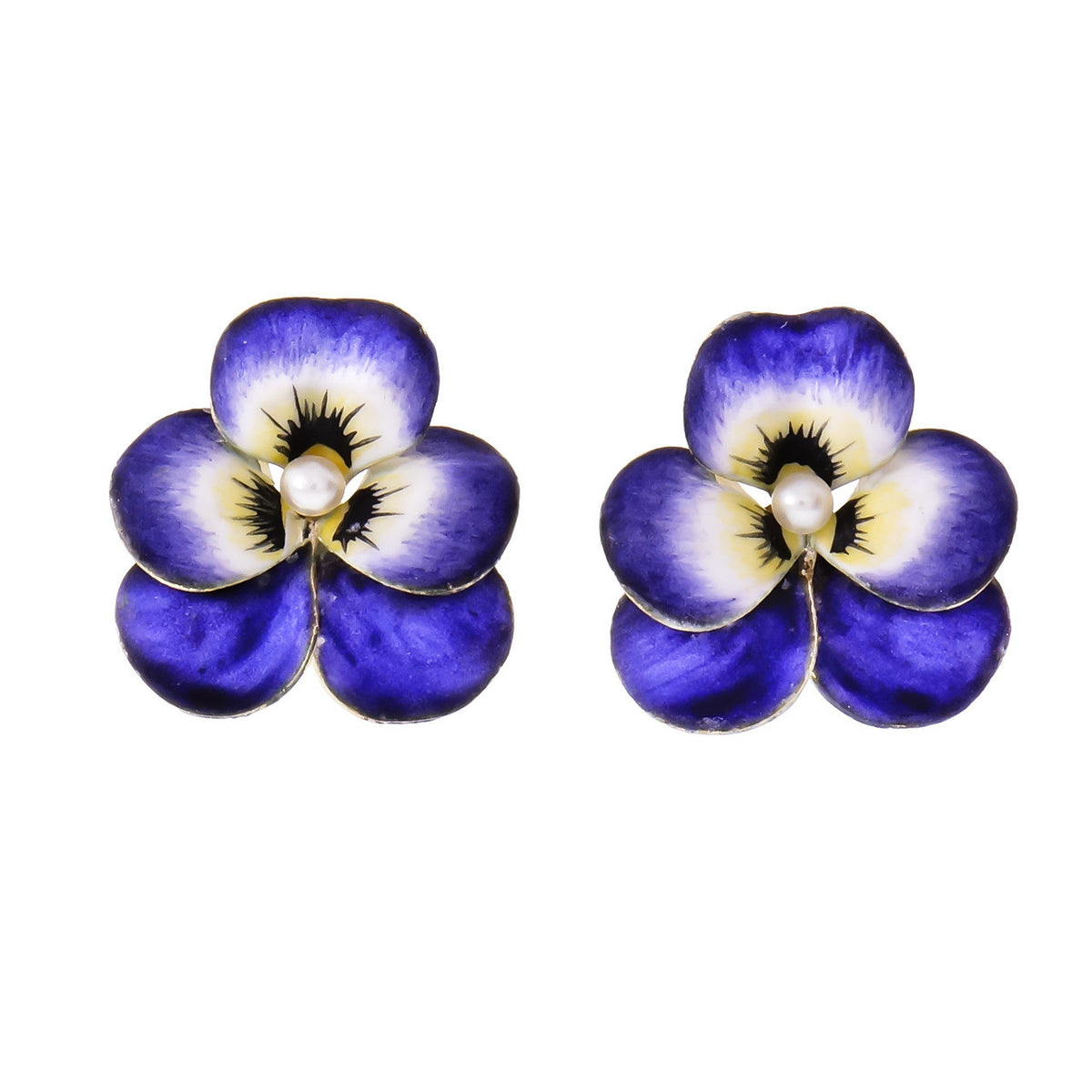 Vintage Pansy Earrings Lavender Enamel Natural Pearl 14k Gold