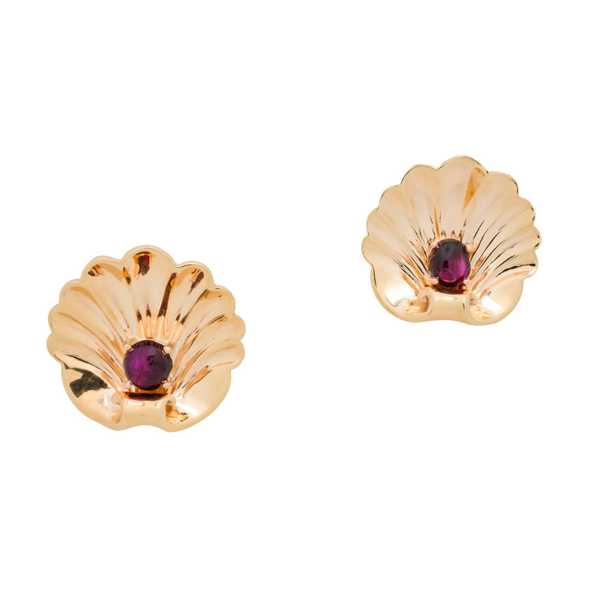 1940's Retro 14k Gold Scallop Yellow Gold Red Ruby Shell Pierced Earrings
