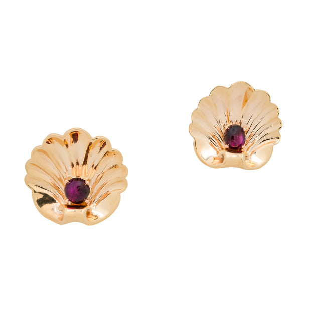1940's Retro 14k Gold Scallop Yellow Gold Red Ruby Shell Pierced Earrings