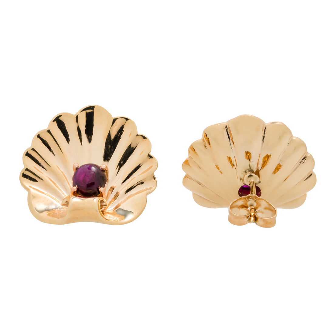 1940's Retro 14k Gold Scallop Yellow Gold Red Ruby Shell Pierced Earrings – image 2