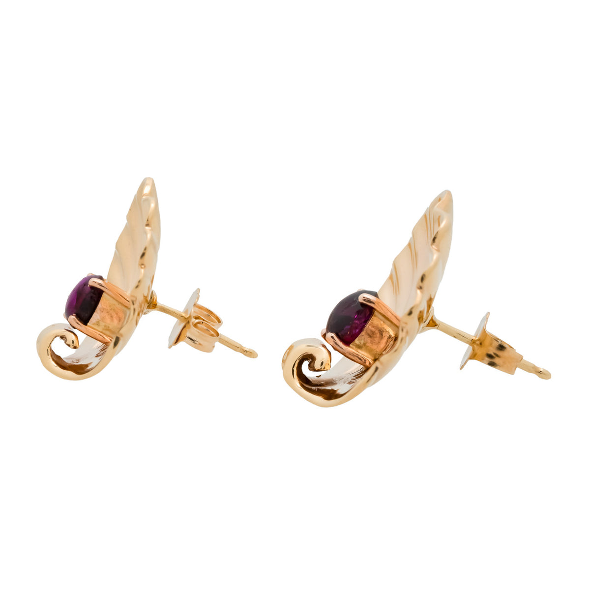 1940's Retro 14k Gold Scallop Yellow Gold Red Ruby Shell Pierced Earrings – image 3