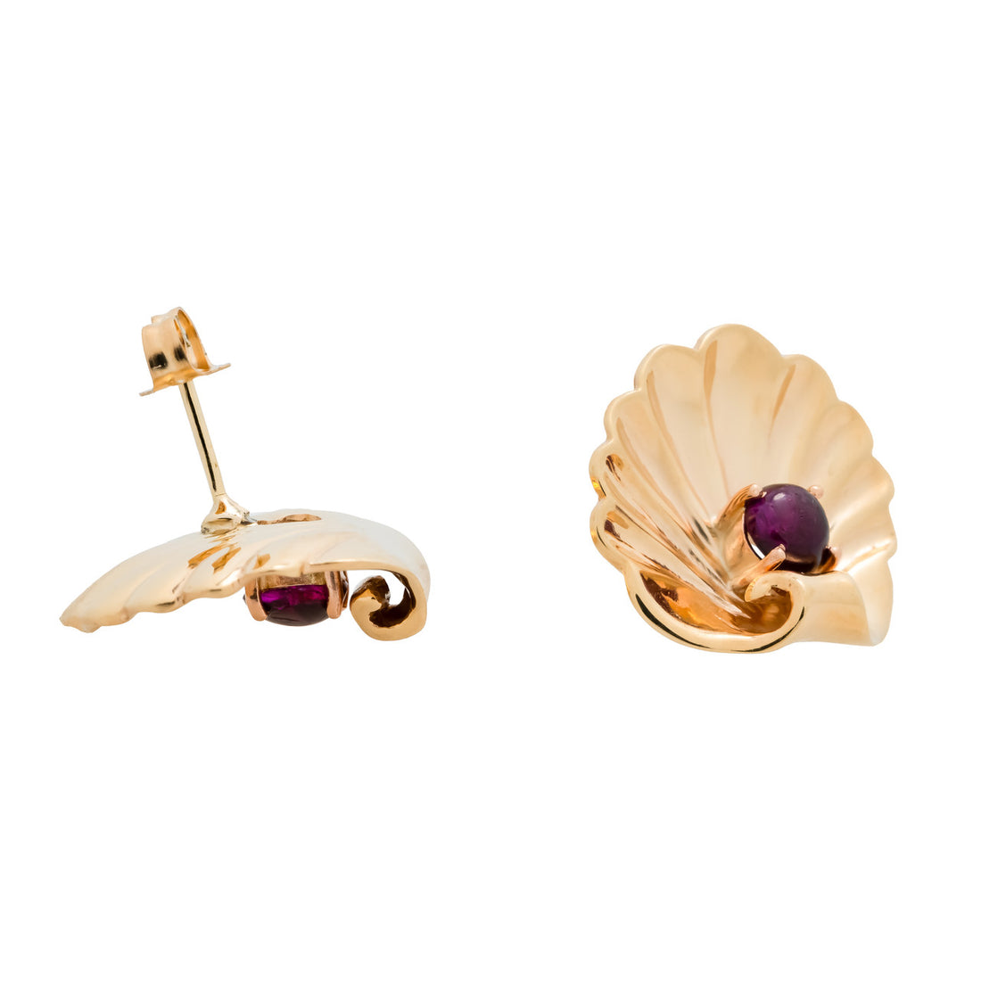 1940's Retro 14k Gold Scallop Yellow Gold Red Ruby Shell Pierced Earrings – image 4