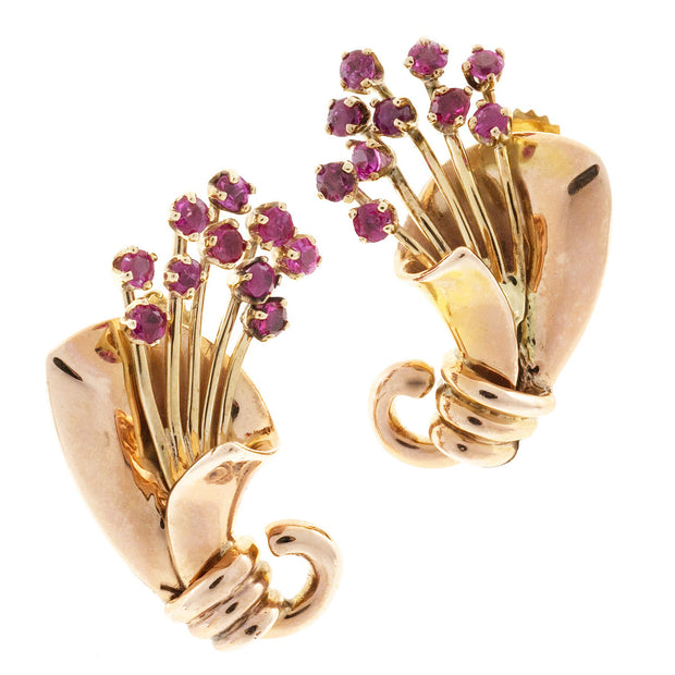 Vintage Retro Deco 14k Pink Gold Red Ruby 1.00ct Flower Pierced Post Earrings