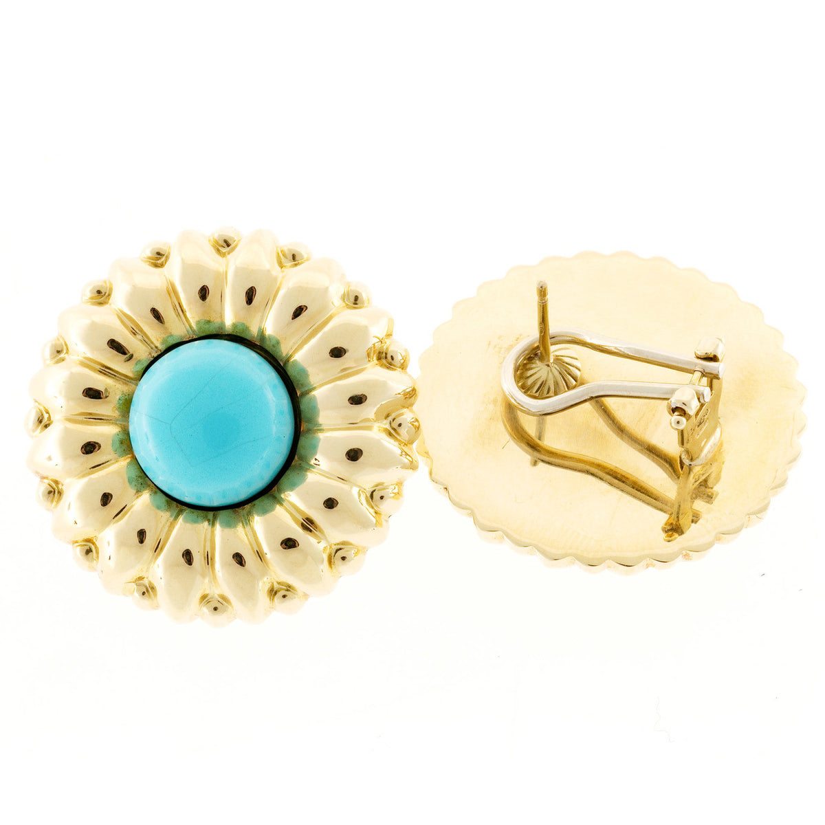 Vintage 1970 Turquoise Sunflower 18k Yellow Gold Clip Post Earrings – image 4