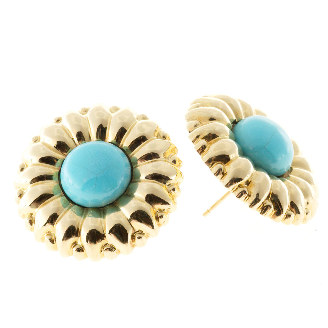 Vintage 1970 Turquoise Sunflower 18k Yellow Gold Clip Post Earrings – image 6