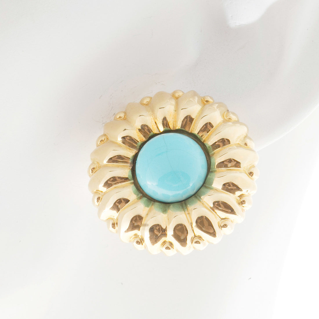 Vintage 1970 Turquoise Sunflower 18k Yellow Gold Clip Post Earrings – image 8