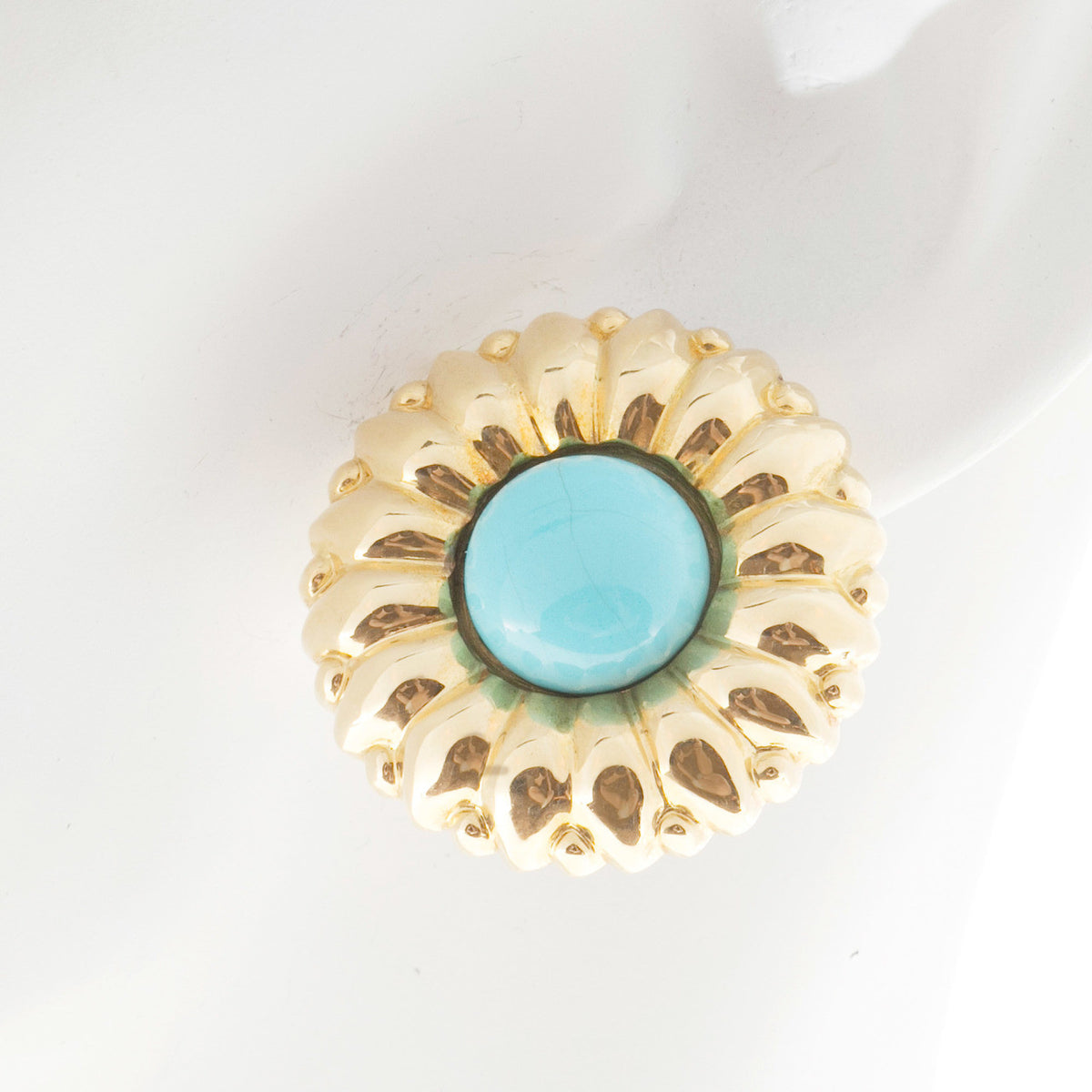 Vintage 1970 Turquoise Sunflower 18k Yellow Gold Clip Post Earrings – image 8
