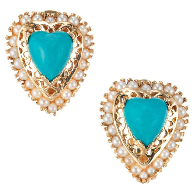 Heart Turquoise Pearl Yellow Gold Clip Post Earrings