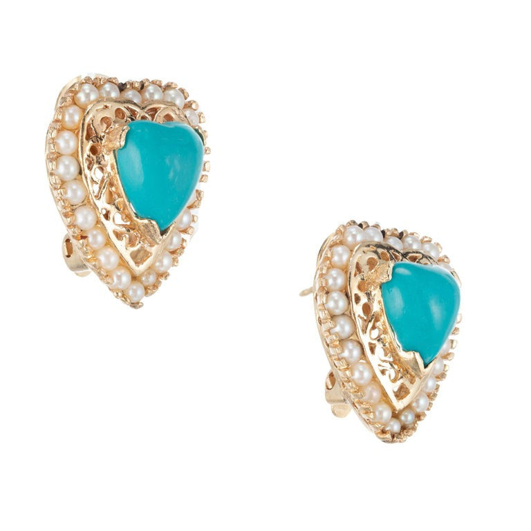 Heart Turquoise Pearl Yellow Gold Clip Post Earrings – image 3
