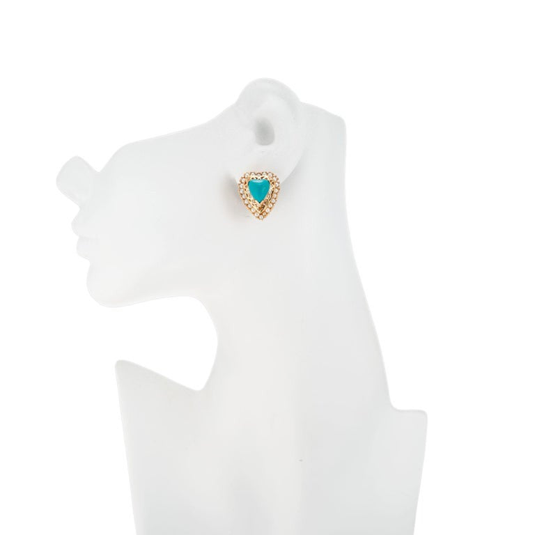 Heart Turquoise Pearl Yellow Gold Clip Post Earrings – image 2