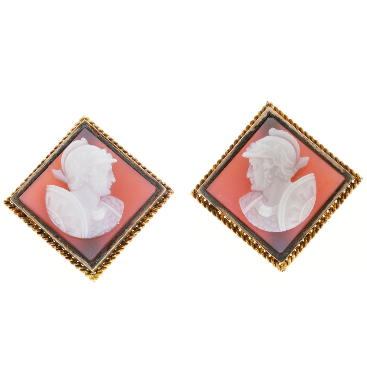 Vintage Hand Carved Sardonyx Intaglio 14K Frame Earrings Roman/Greek Soldier