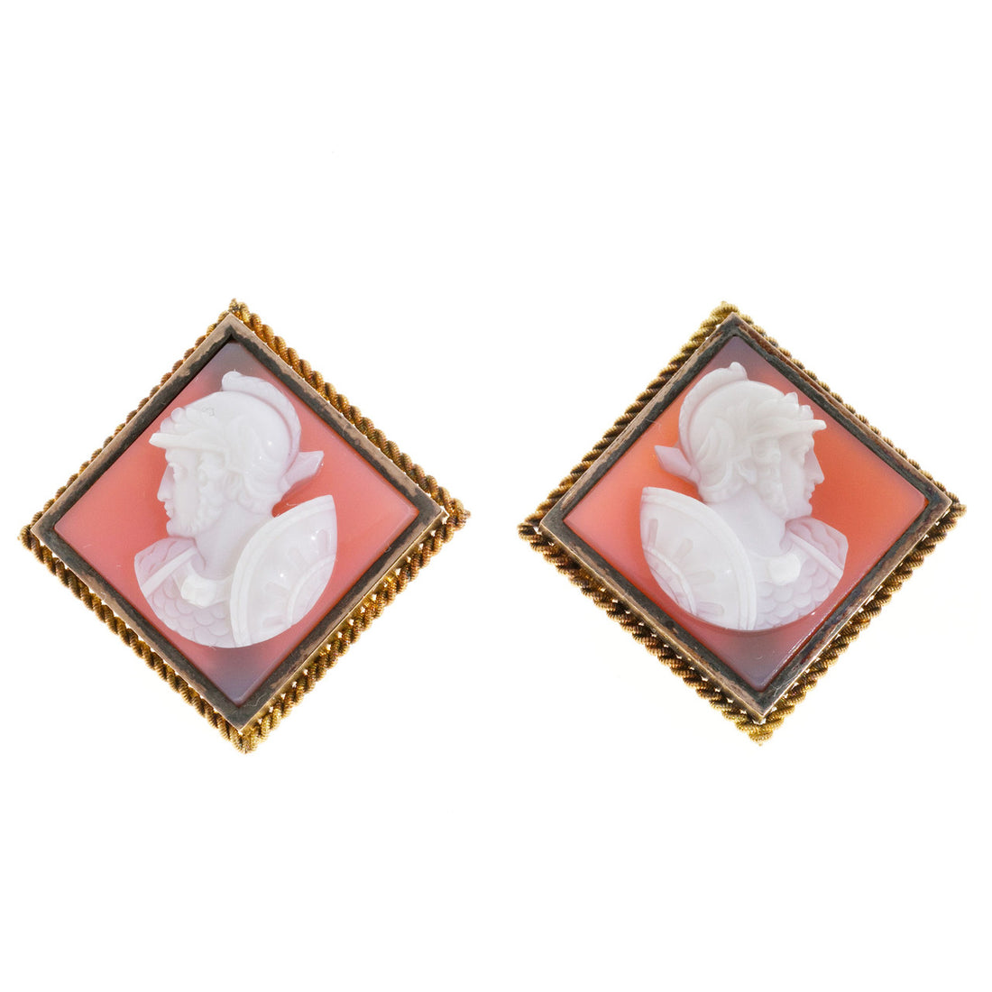 Vintage Hand Carved Sardonyx Intaglio 14K Frame Earrings Roman/Greek Soldier – image 2