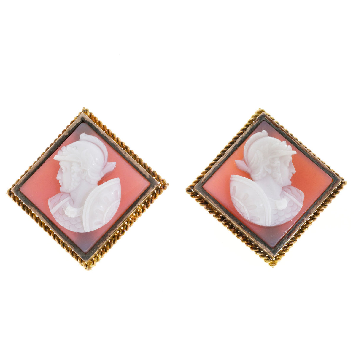 Vintage Hand Carved Sardonyx Intaglio 14K Frame Earrings Roman/Greek Soldier – image 2