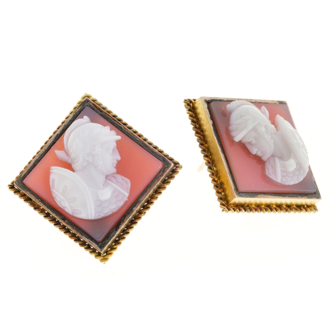 Vintage Hand Carved Sardonyx Intaglio 14K Frame Earrings Roman/Greek Soldier – image 4