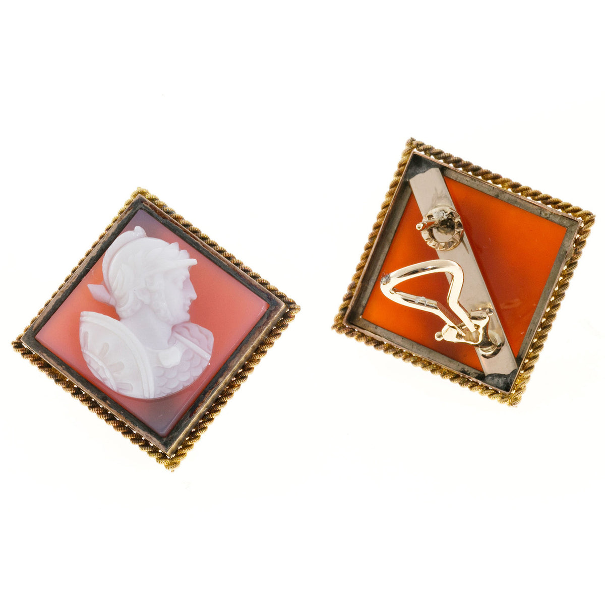 Vintage Hand Carved Sardonyx Intaglio 14K Frame Earrings Roman/Greek Soldier – image 5