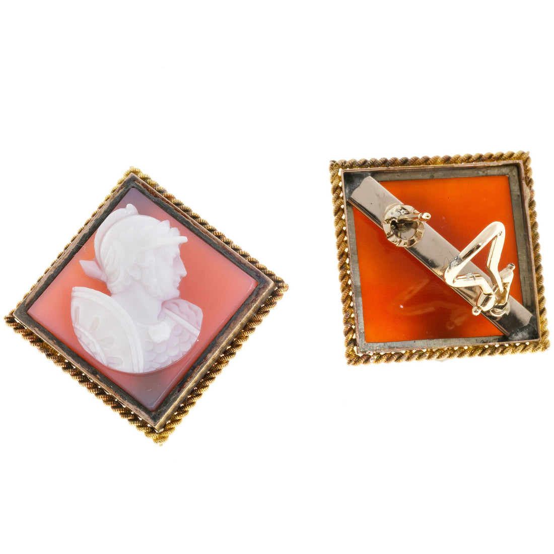 Vintage Hand Carved Sardonyx Intaglio 14K Frame Earrings Roman/Greek Soldier – image 6