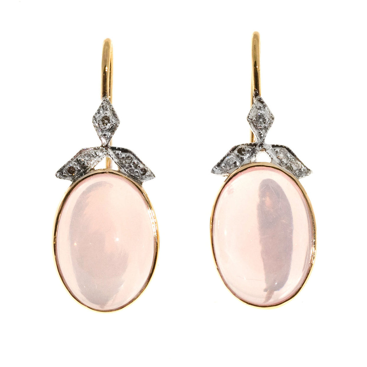 Vintage 14k Pink Gold 10.00ct Rose Quartz Cabochon .11ct Diamond Earrings