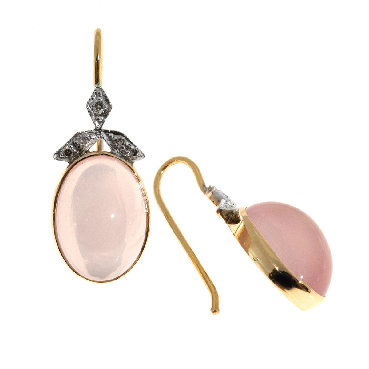 Vintage 14k Pink Gold 10.00ct Rose Quartz Cabochon .11ct Diamond Earrings – image 4