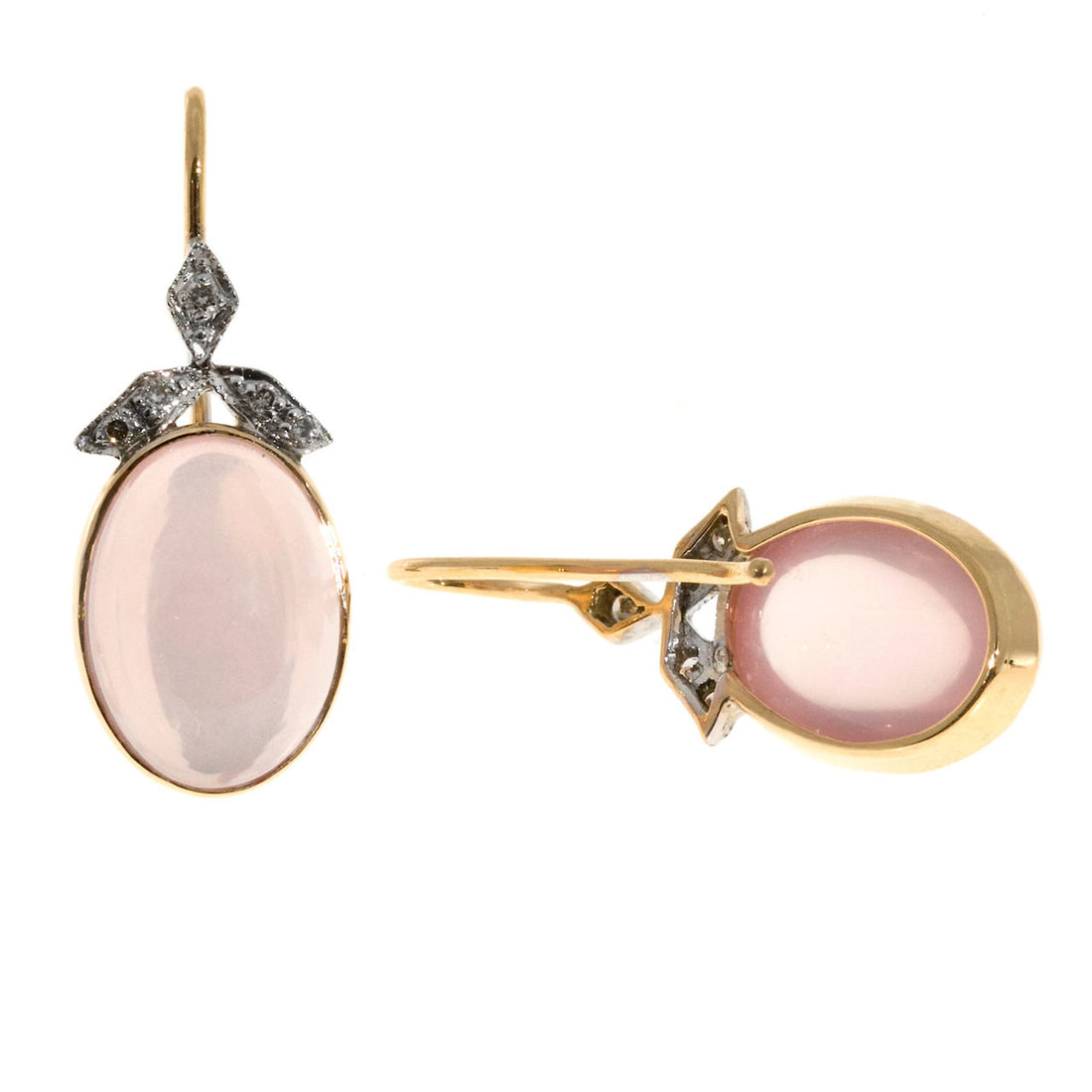 Vintage 14k Pink Gold 10.00ct Rose Quartz Cabochon .11ct Diamond Earrings – image 5