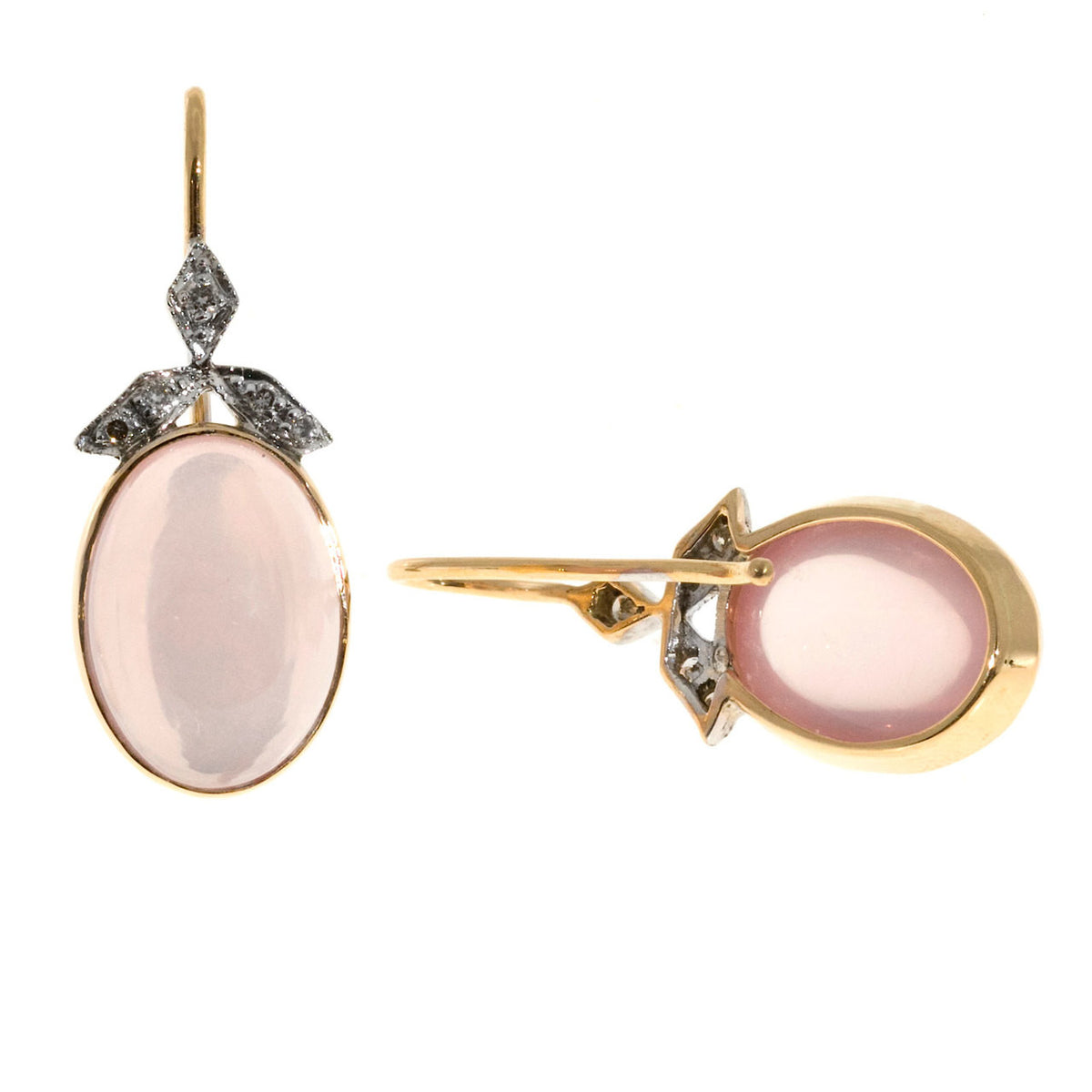 Vintage 14k Pink Gold 10.00ct Rose Quartz Cabochon .11ct Diamond Earrings – image 5