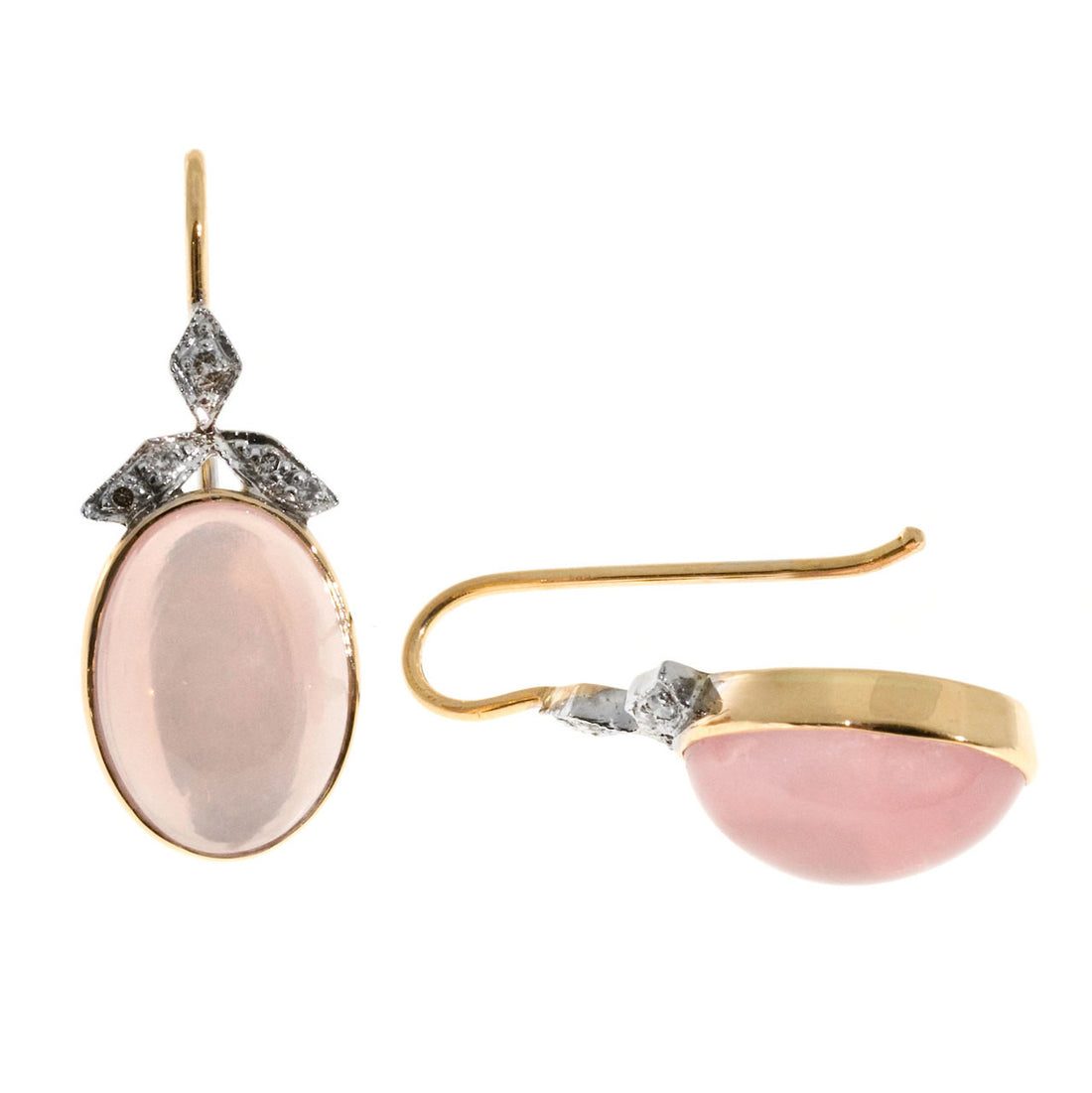 Vintage 14k Pink Gold 10.00ct Rose Quartz Cabochon .11ct Diamond Earrings – image 6