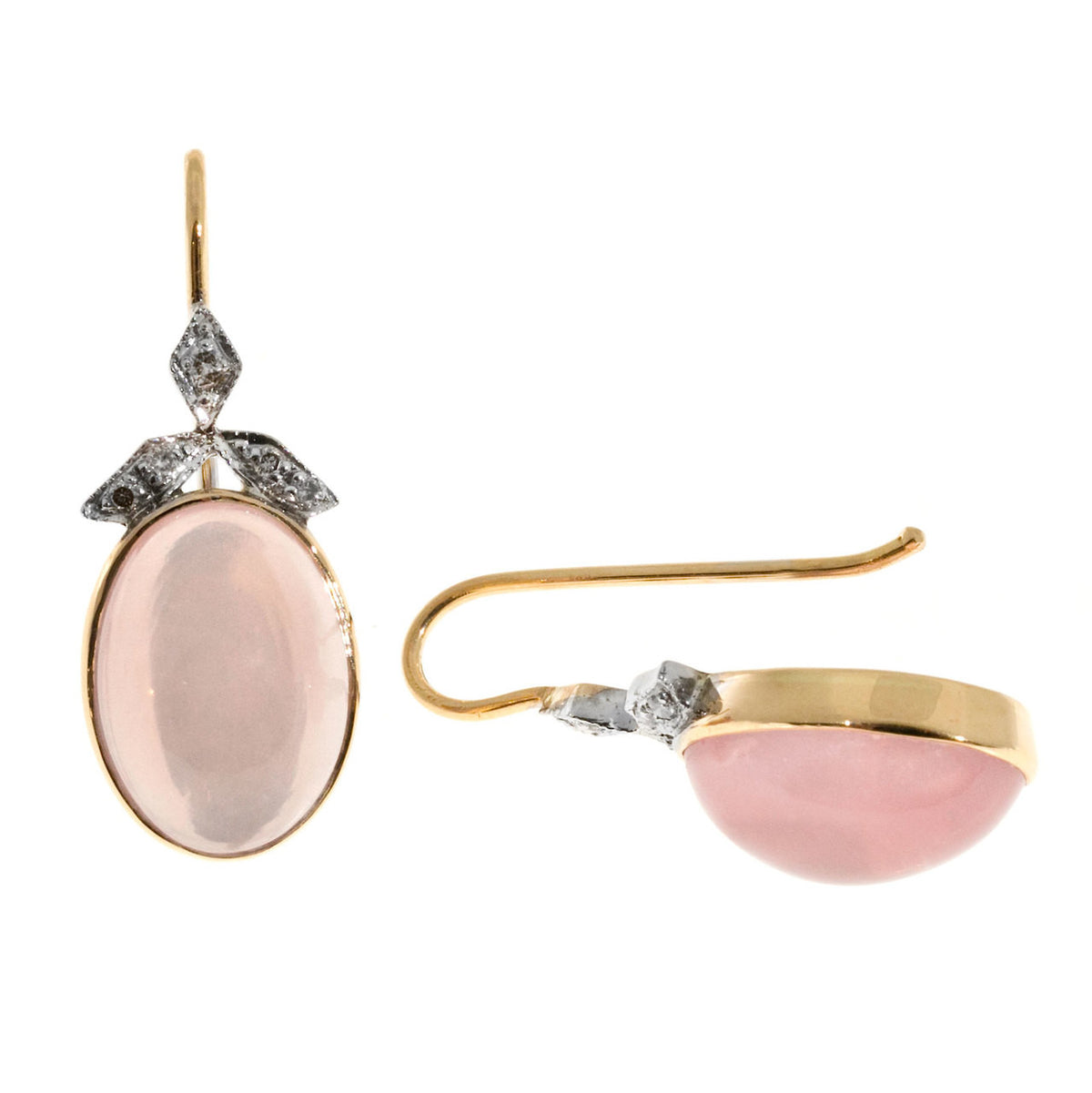Vintage 14k Pink Gold 10.00ct Rose Quartz Cabochon .11ct Diamond Earrings – image 6