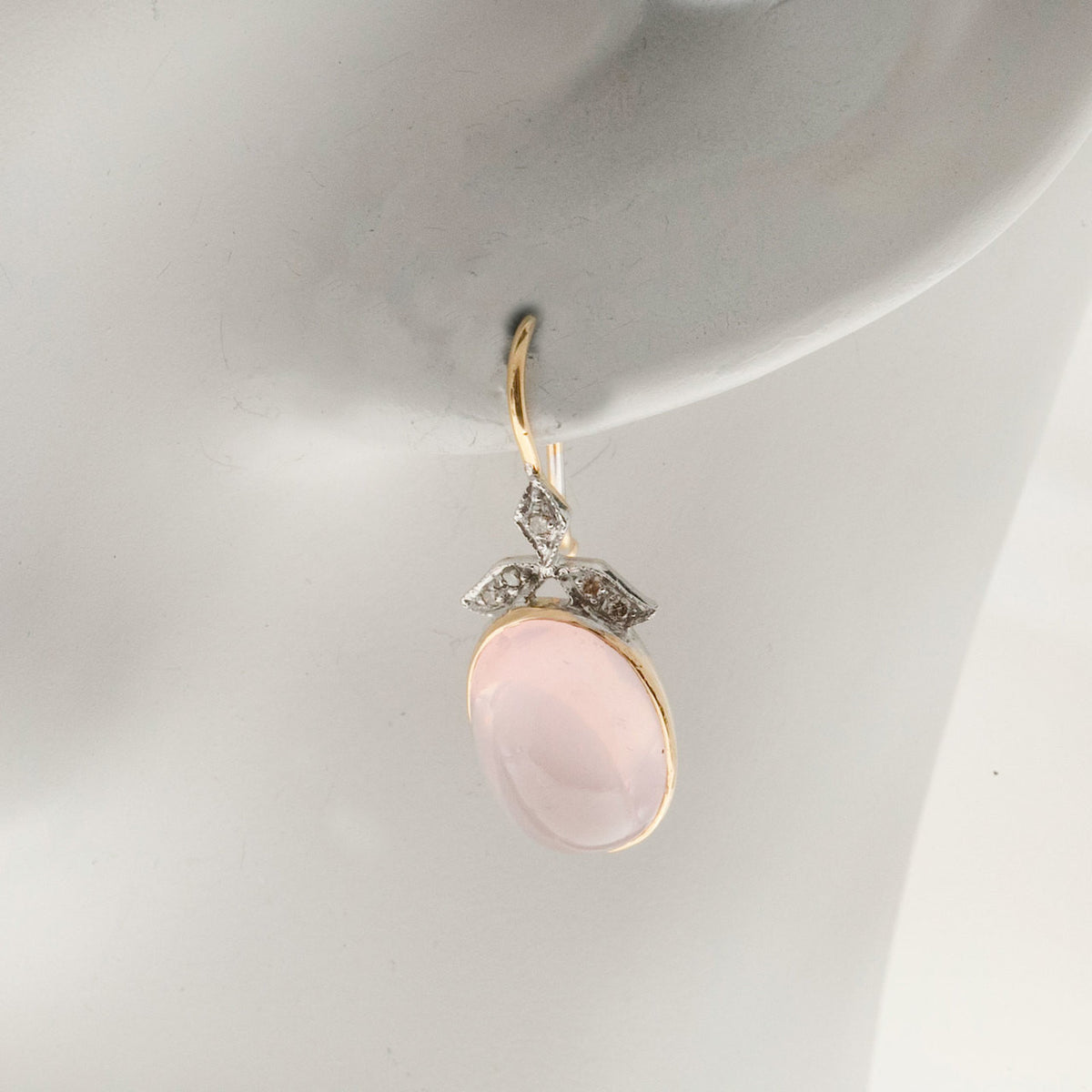 Vintage 14k Pink Gold 10.00ct Rose Quartz Cabochon .11ct Diamond Earrings – image 8