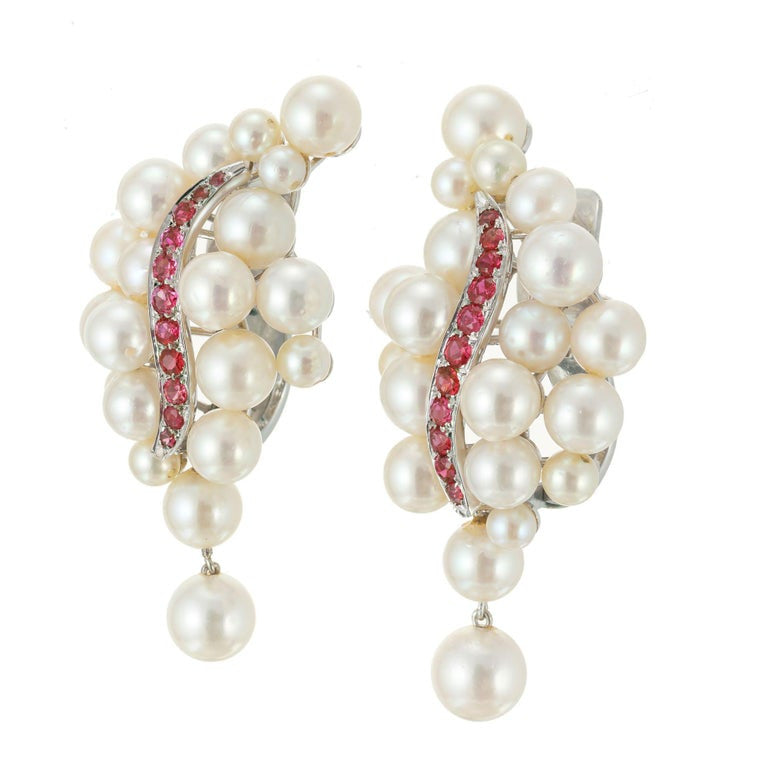 .80 Carat Ruby Pearl White Gold Swirl Clip Post Earrings – image 2